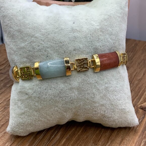 Chinese Vintage Multi Stone Gem Six Panel Bar Link A925 Bracelet - Picture 1 of 7